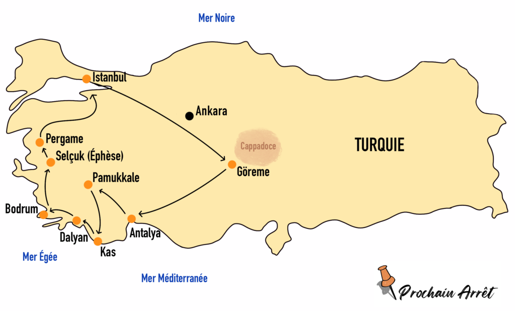 carte de l'itinéraire de notre road trip en Turquie